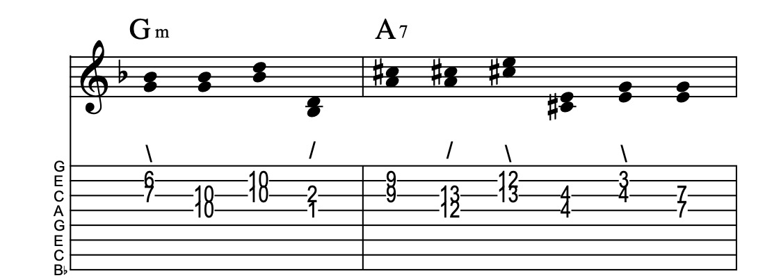 IIm-III7, connect one from each measure, Key of F
