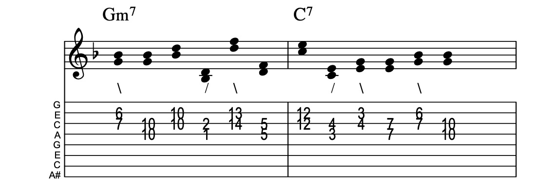 IIm7-V7, connect one from each measure, Key of F
