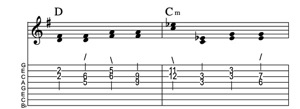 Steel guitar tab IV-IVm connect one from each measure Key of G