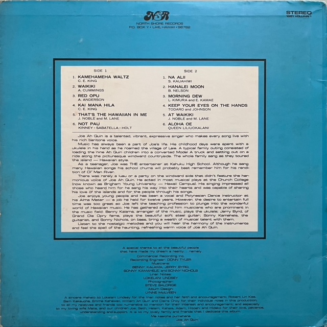 back cover Ah Quin, Joe, Sings Nostalgic Hawaiiana, North Shore Recorfds 1001